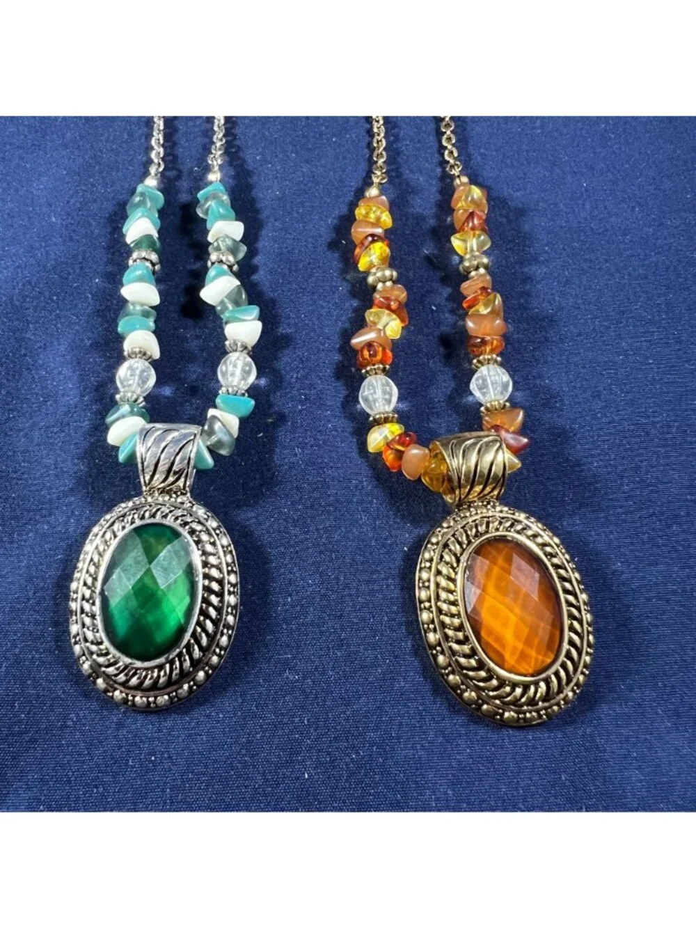 Vintage-Style Beaded Necklaces With Faceted Green & Orange Gemstone Pendants Sil - Picture 2 of 5